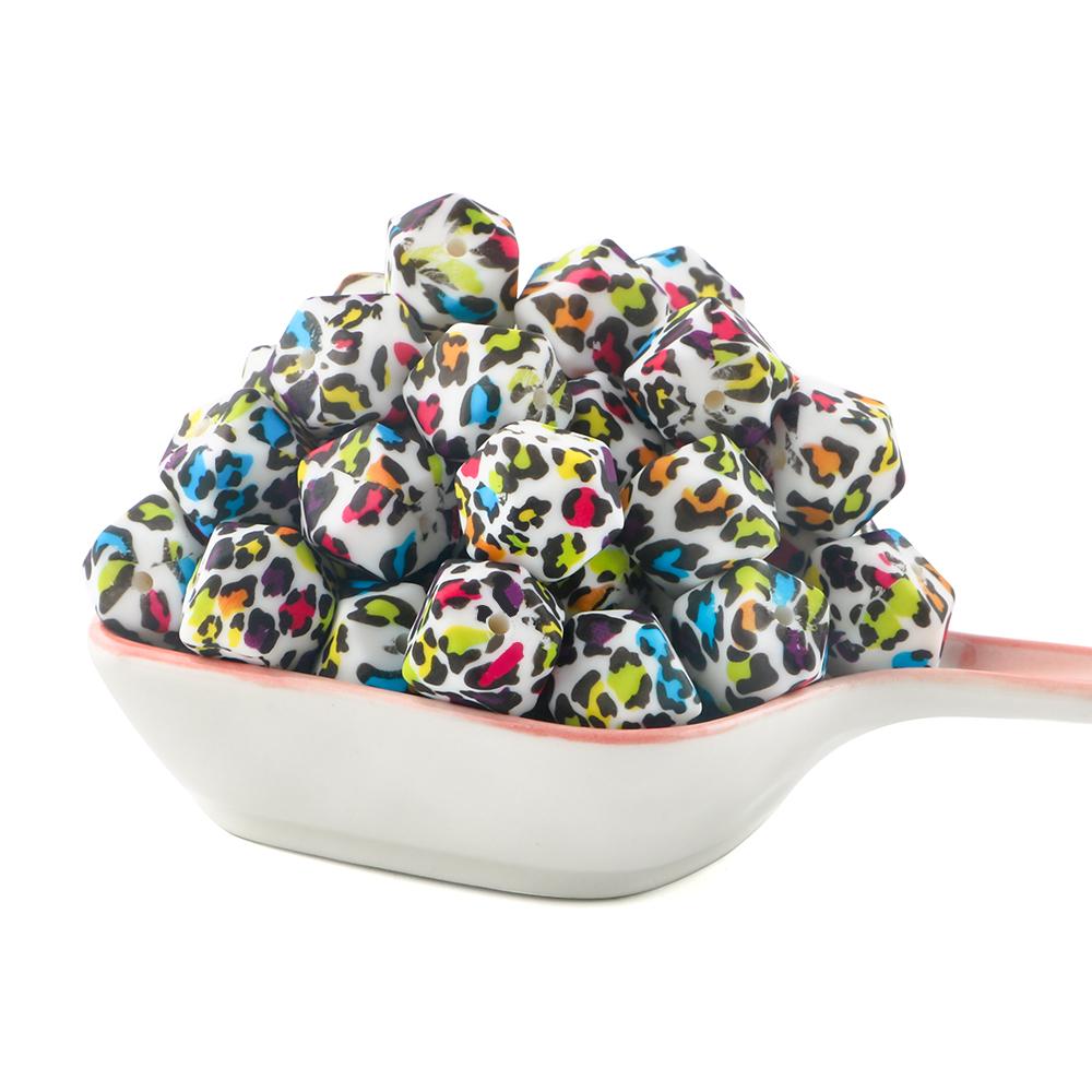 10Pcs 14mm Printed Hexagon Silicone Beads Leopard Bead For Jewelry Making DIY Beadable Pen Keychain Bracelet Accessories