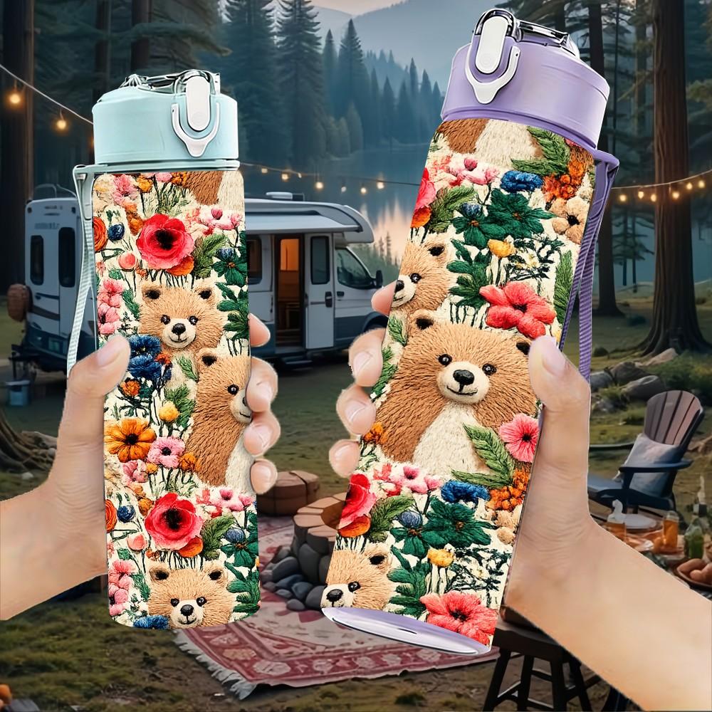 1PC Bear Floral Mix Print 750ml Color Plastic Sports Water Bottle Leakproof Flip Straw Lid Suitable for Sports Office Home Use