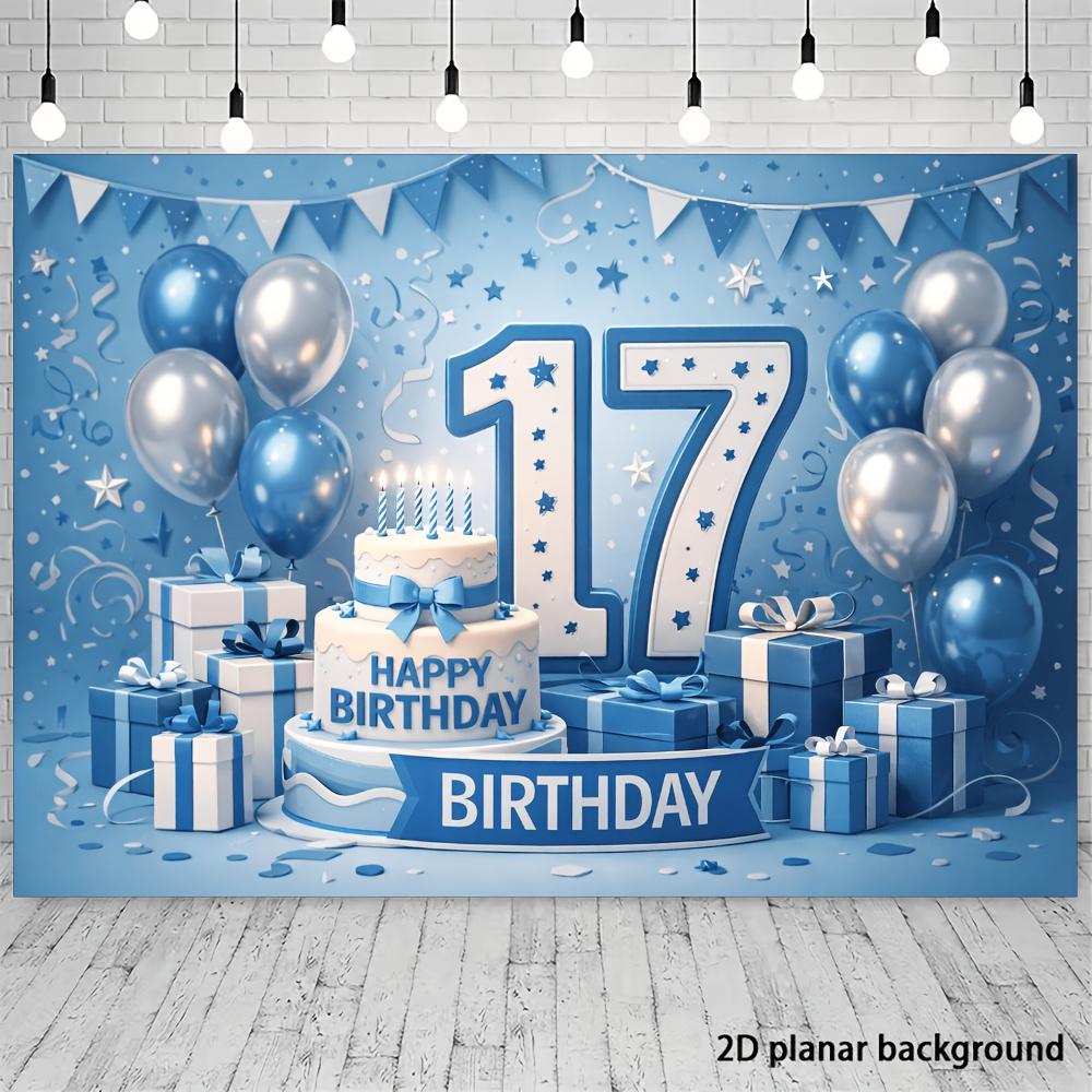 2D plane 17th birthday party banner background - Blue and white birthday theme yzb