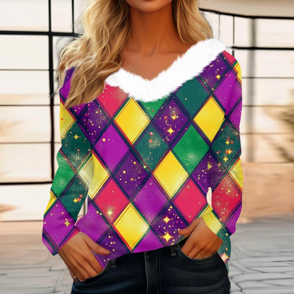 Dámský volný ležérní top s dlouhým rukávem a potiskem, plyšový límec ve tvaru V, top s dlouhým rukávem