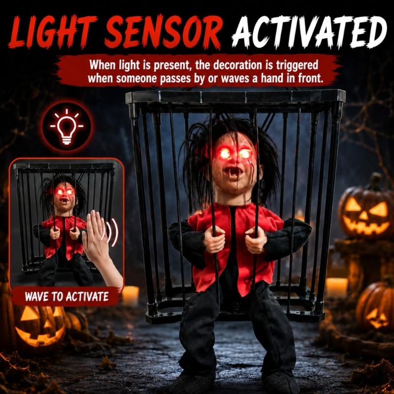 Black Suspended Halloween Figure In Cage, Light Detail Hanging Piece for Home Entry, Window Display, Porch, Party Styling, and Indoor Use