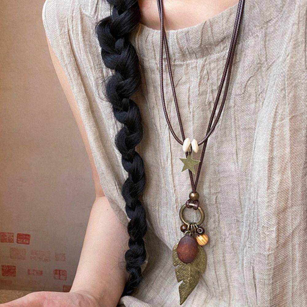 Wood Ethnic Style Necklace Tassel Long Sweater Chain Antique Bohemian Style Choker  Women