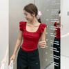 Red Shoulder Square Neck Lace Short-sleeved T-shirt Women's Summer Niche Design Sense Sexy Hot Girl Small High Waist Top