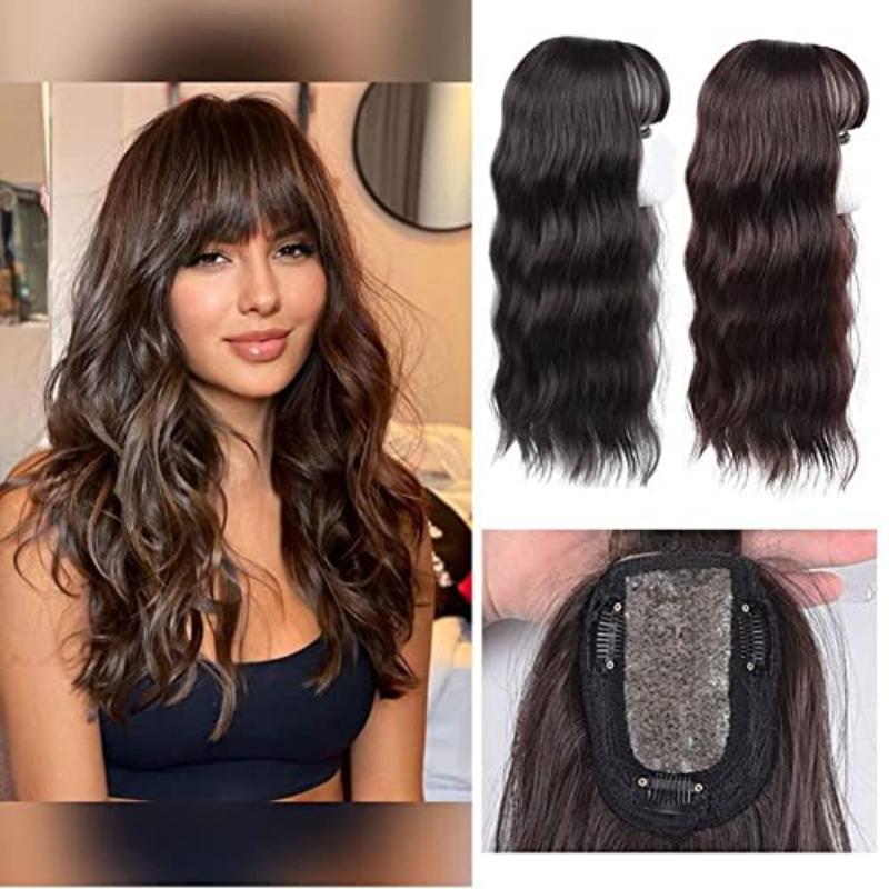 Body Wavy/Curly Hair Topper With Air Bangs For Women,Synthetic Hairpiece Clip in Hair Extension Add Volume Wig for Covering White Hair Hair Loss
