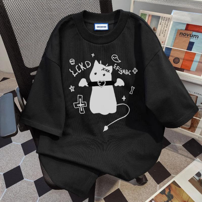 

American retro cat print short-sleeved t-shirt women s sweet and cool ins loose large size design sense niche crew neck top tide S чёрный
