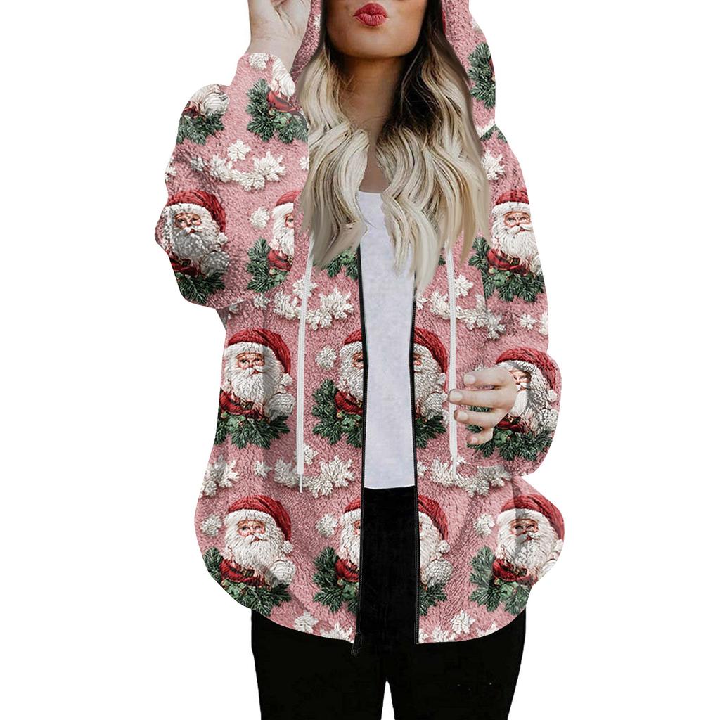 Women's Fashionable Casual Zippered Hooded Christmas Print Drawstring Furry Sweatshirt Jacket
