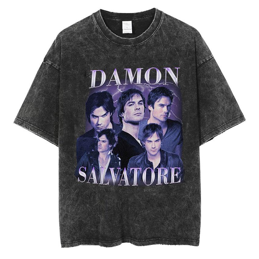 Damon Salvatore Grafica Vintage Lavata Maglietta Uomo Donna Abbigliamento Moda Harajuku T-Shirt Larga Oversize Manica Corta Magliette