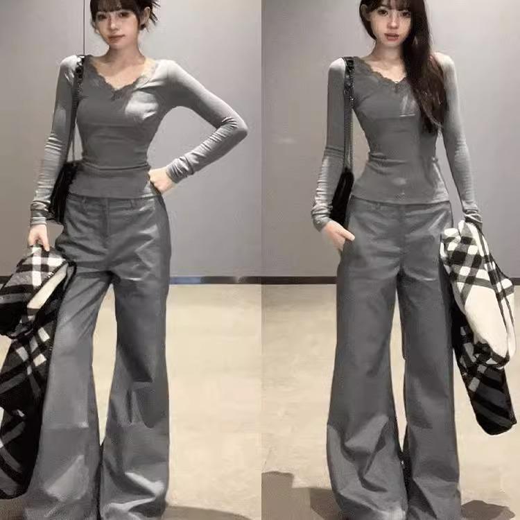 

American Lace V-Neck Long-Sleeve Slim Fit T-Shirt for Women - Spring/Autumn Extra Extra Large сірий колір