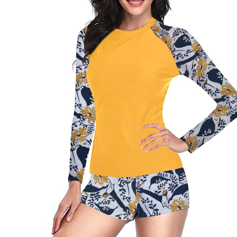 Women Two Pieces Vintage Print Rash Guard Swimwear Long Sleeve Shirt Shorts Surf Top Retro Print Running Shirt Split Swimsuit