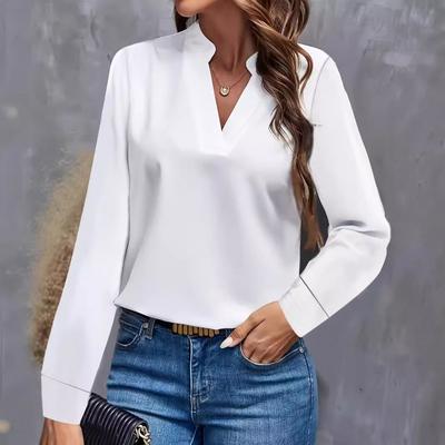 Simple Casual Solid Color V-Neck Loose Shirt Top Women