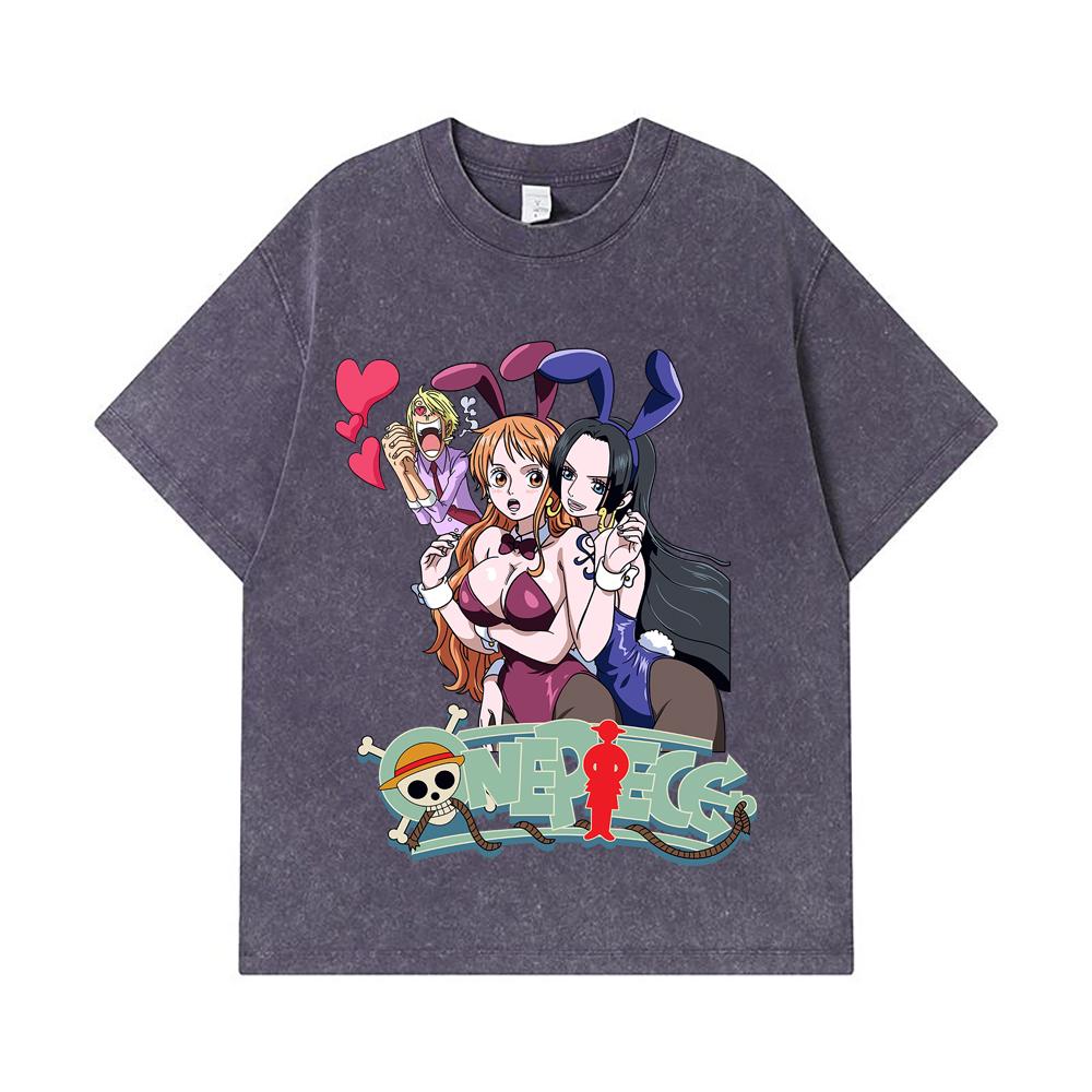 275 GSM Washed T-shirts 100% Cotton One Piece V53 Nami Boa Print Unisex Heavy Cotton T Shirt