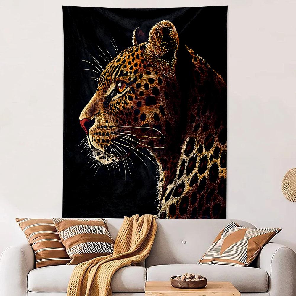 Leopard Portrait on Black Background Patterned Tapestry Decorative Wall Hanging, Home Bedroom Living Room Decor