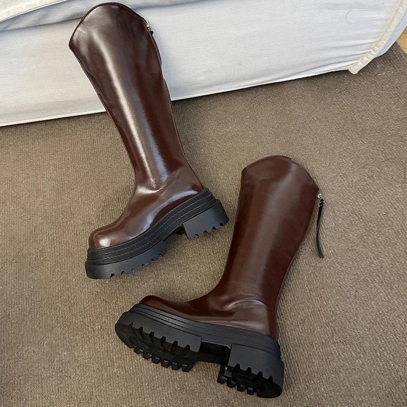 

Мода Мода Панк Стиль Женские Сапоги до Колена Черные На молнии Платформа Толстый Каблук Обувь Зимние Женские Ботильоны Рыцарские из Мягкой Кожи 40 коричневый