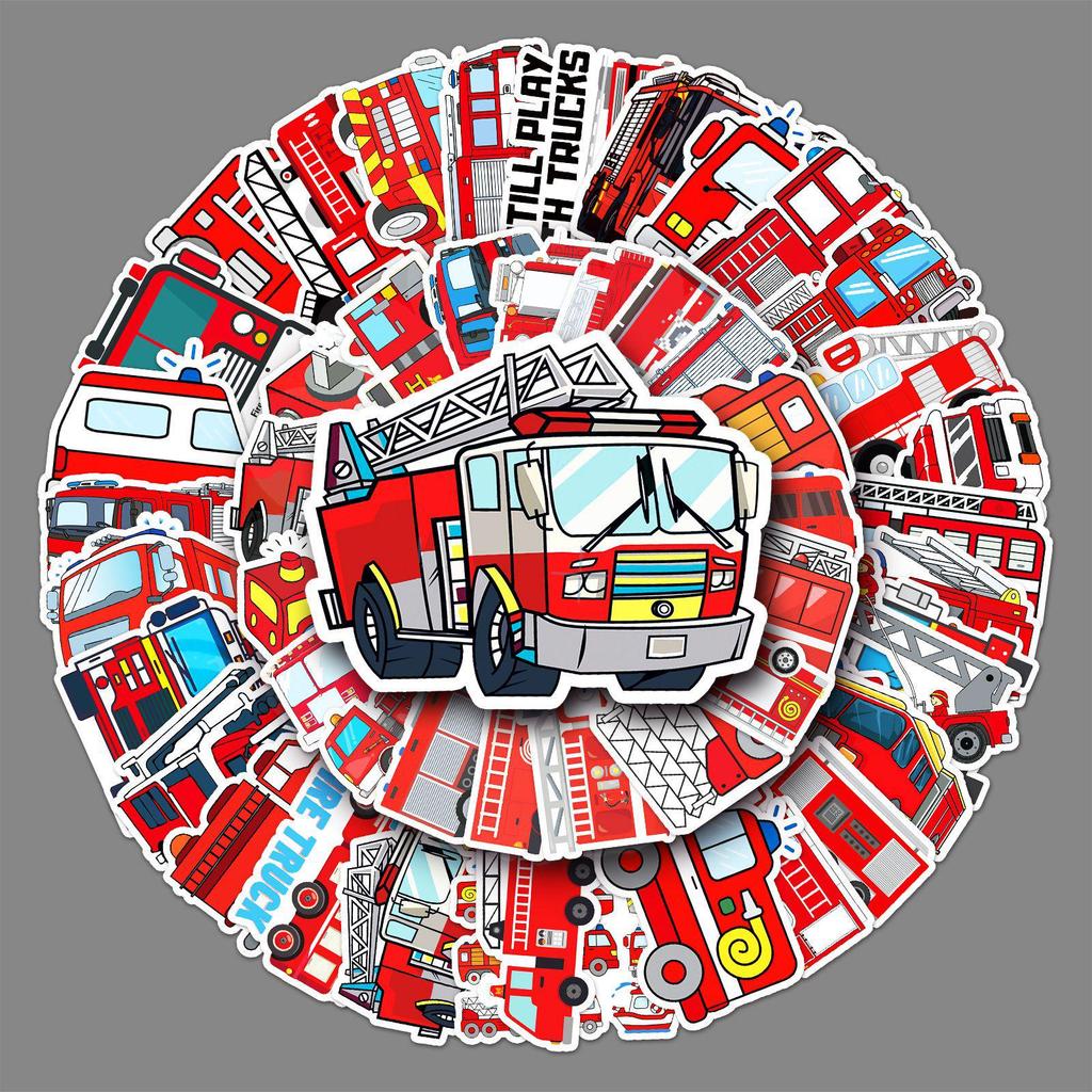 50 Fire Truck Graffiti Stickers - Cartoon, Waterproof, DIY for Children's Journals, Skateboards, & Luggage