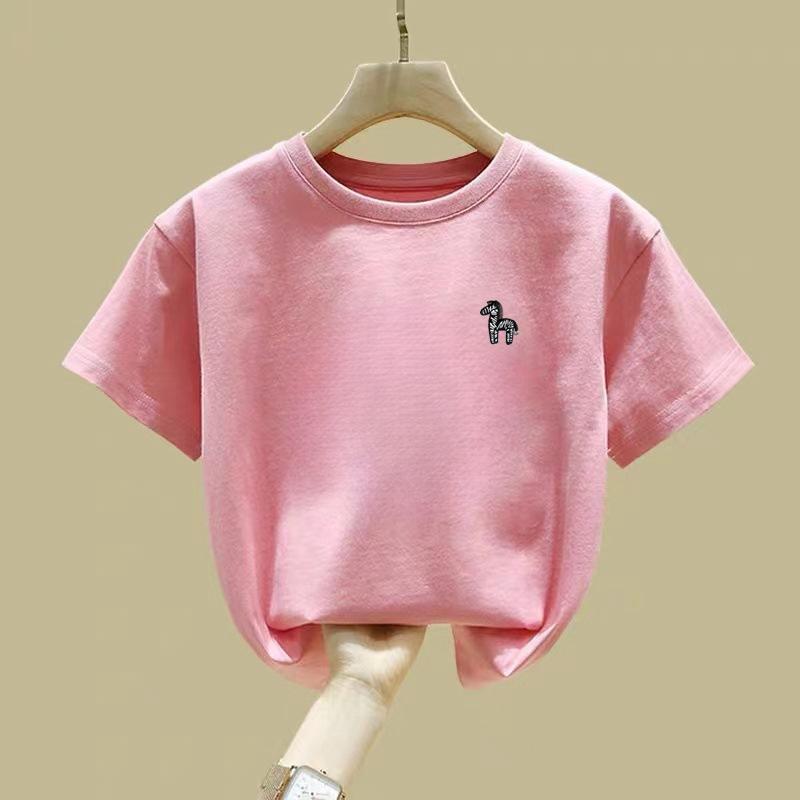 Girls White Cotton Short Sleeve T Shirt Summer Cute Cartoon Print Round Neck Top 90