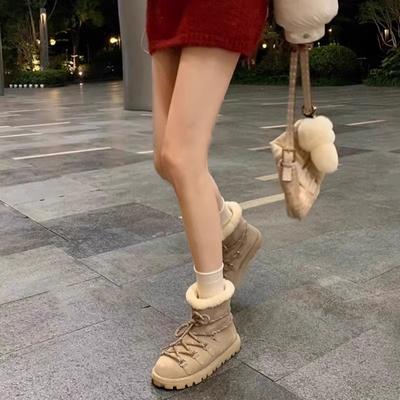 Cowhide Version~ Warm Lamb Wool Cotton Shoes Strap Design Round Head Winter Snow Boots Women's Short Boots
