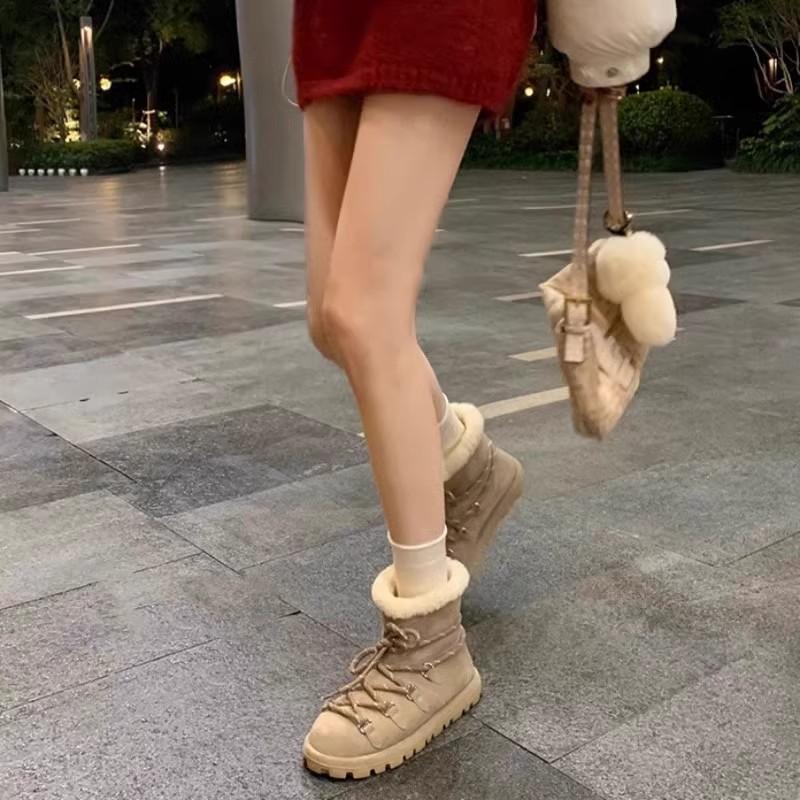 Cowhide version~ Warm lamb wool cotton shoes strap design round head winter snow boots women's short boots