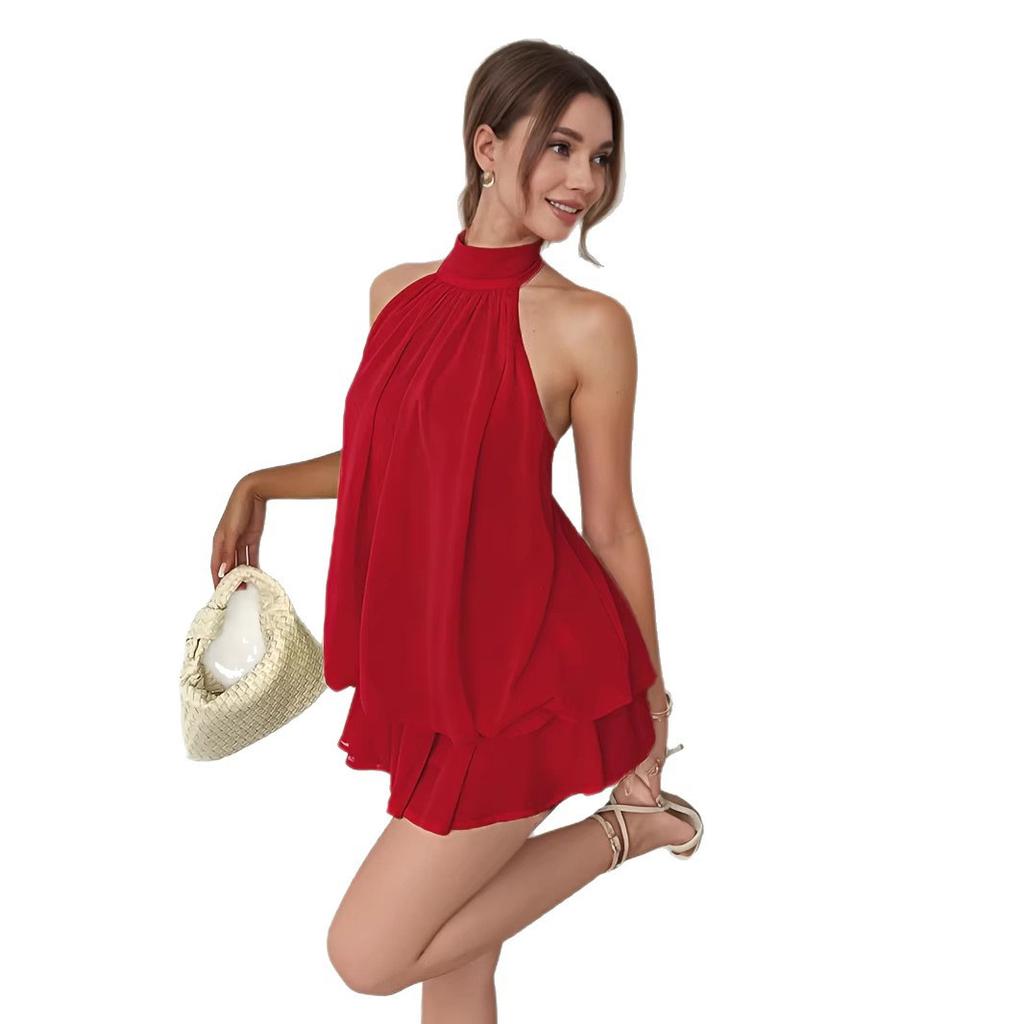 European and American new solid color holiday slim-fitting sexy backless neck waist top fluffy short skirt dress women
