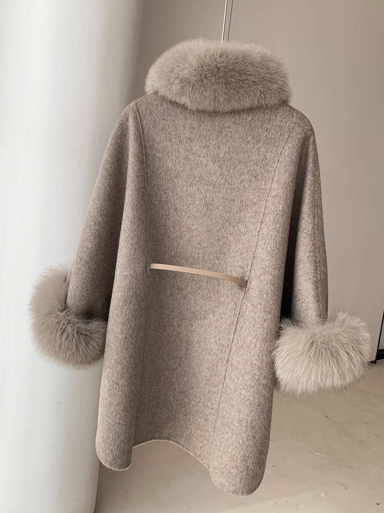 Cape Korean Shawl Wool Coat with Detachable Fur Collar - Women's Small, 2024 Autumn/Winter Fashion