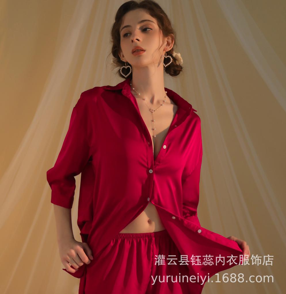 Sexy Boyfriend Style Shirt Women's Spring and Autumn Morning Gown Long-sleeved Satin Can Be Worn Outside Large Size Suit