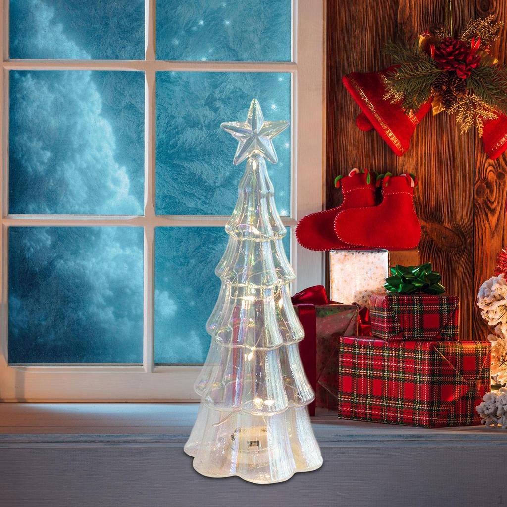 Glass Christmas Tree with Lights Tabletop Xmas Night Light Figurine Ornament for