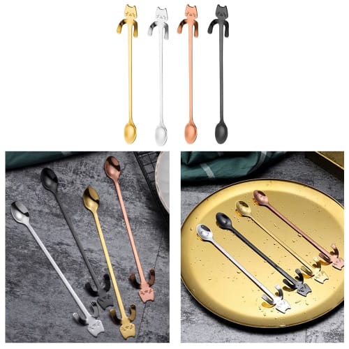 Stainless steel long spoon with cat design, perfect for home use (silver, gold, pink, and black, 20cm)