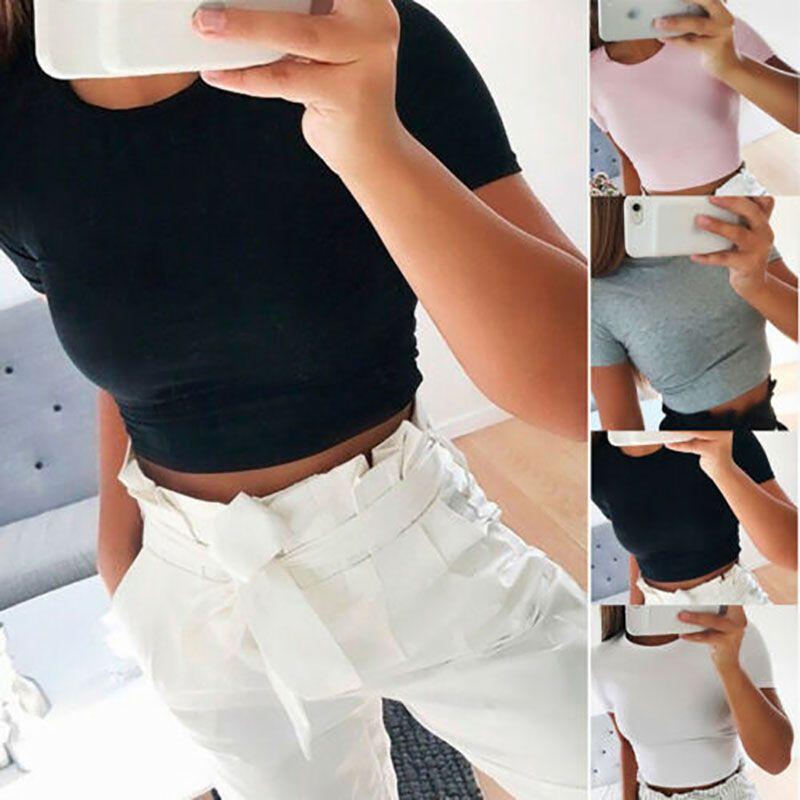 Elegant Women Summer Beach Short Sleeve Blouse T-shirt Slim Fit Crop Tank Top