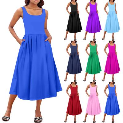 Vestidos de Verano Primavera Casuales de Color Sólido para Mujer sin Mangas para la Playa