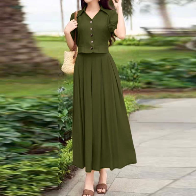 ZANZEA Blusa a Maniche Corte da Donna e Gonne Lunghe Estive Set Completi Due Pezzi