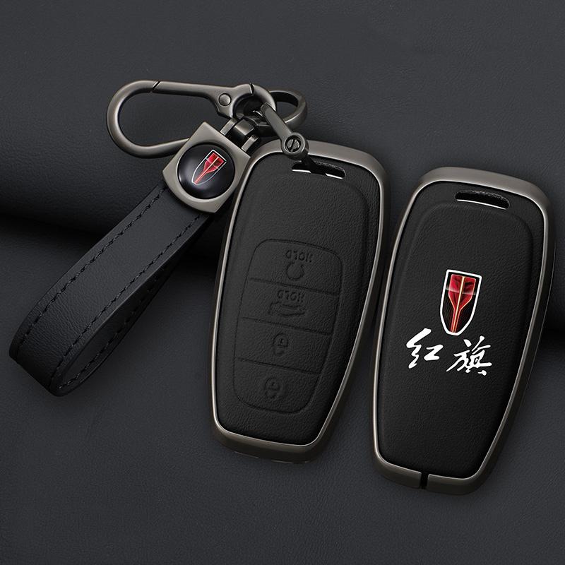 Moulures Intérieures Coque de Protection pour Clé Intelligente de Voiture Pour FAW Hongqi H5 E-HS9 H9 HS9 HS5 HS7 2020 2021 Alliage de Zinc Nouveau Cuir Auto K