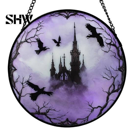Unique Wall Hanging Art Retro Halloween Pendant, Ghost/Bat/Spider Web/Pumpkin Head Print, Old School Horror Room Decor Vintage Acrylic Ornament