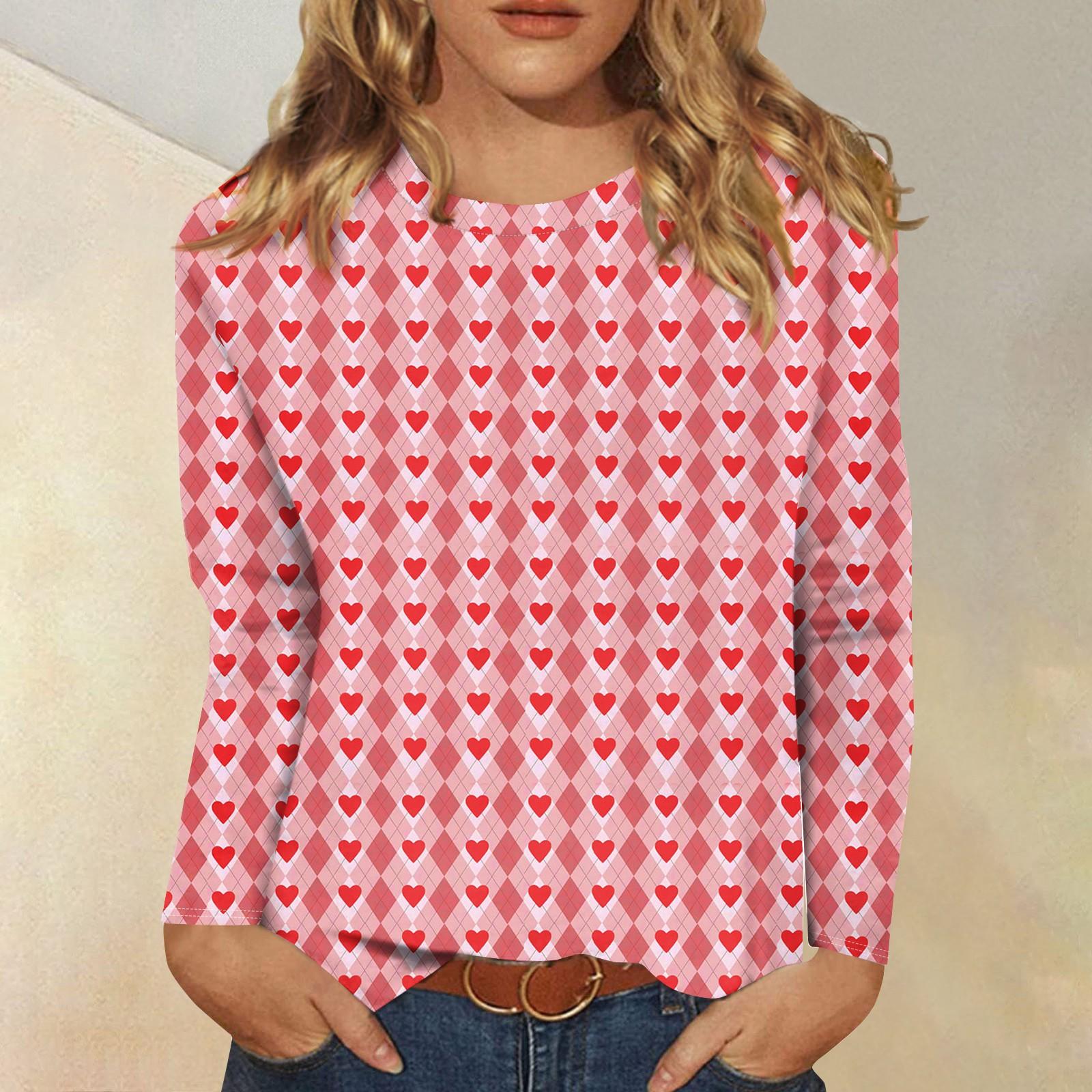 

Рубашки с длинным рукавом для женщин Милые принты Футболки Блузки Повседневные Большие размеры Базовые топы Пуловеры День святого Валентина M