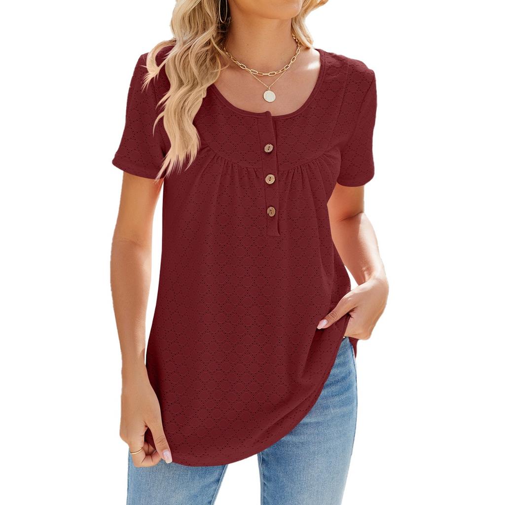 Summer New Solid Color Crew Neck Buttoned Loose Short Sleeve T-Shirt for European and American Cross-border Trade Amazon Independent Station