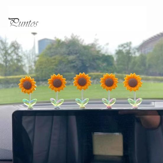 Non Residual Adhesive Ornaments 5Pcs Wobble Sunflower Car Dashboard Decor, Resin Spring Flower Ornament Interior Decoration Flowers with Slip