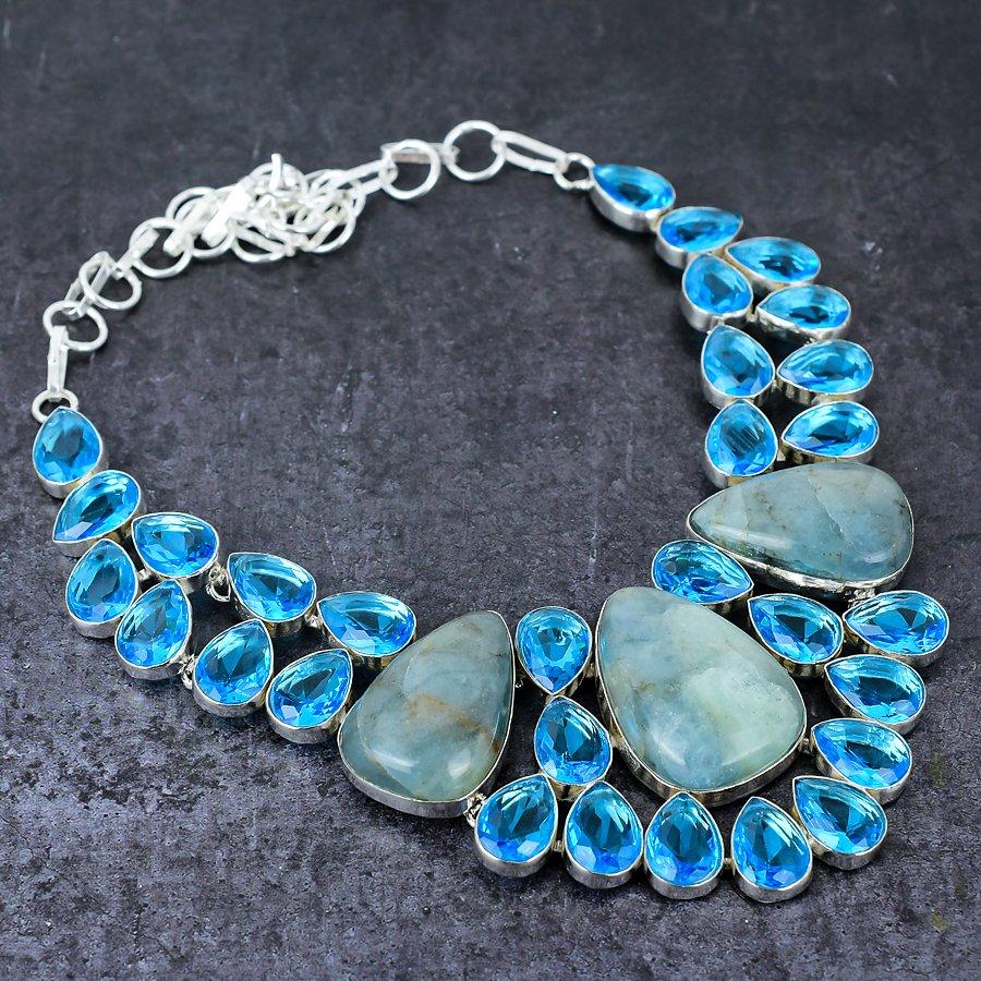 Aquamarine, Blue Topaz Gemstone 925 Sterling Silver Jewelry Necklace 18"
