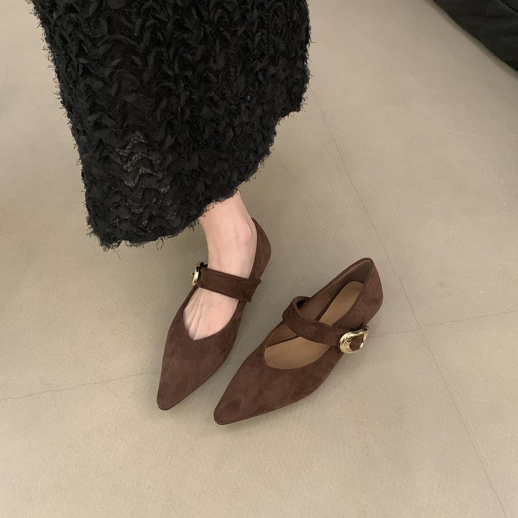 Suede inner height increase pointed tip shallow mouth single shoes women's spring and autumn new gentle fairy Mary Jane shoes