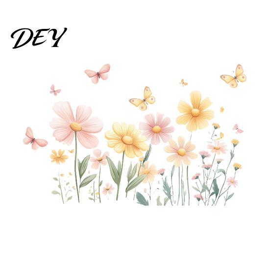 Soft Pastel Butterfly Wall Stickers 2Pcs Watercolor Flowers Sticker, PVC Waterproof Floral Decal with Butterflies, Removable Boho Style Flower