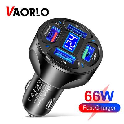 VAORLO Cargador de coche de 66W, 4 puertos USB, pantalla de voltaje, carga rápida QC3.0, carga rápida para coche