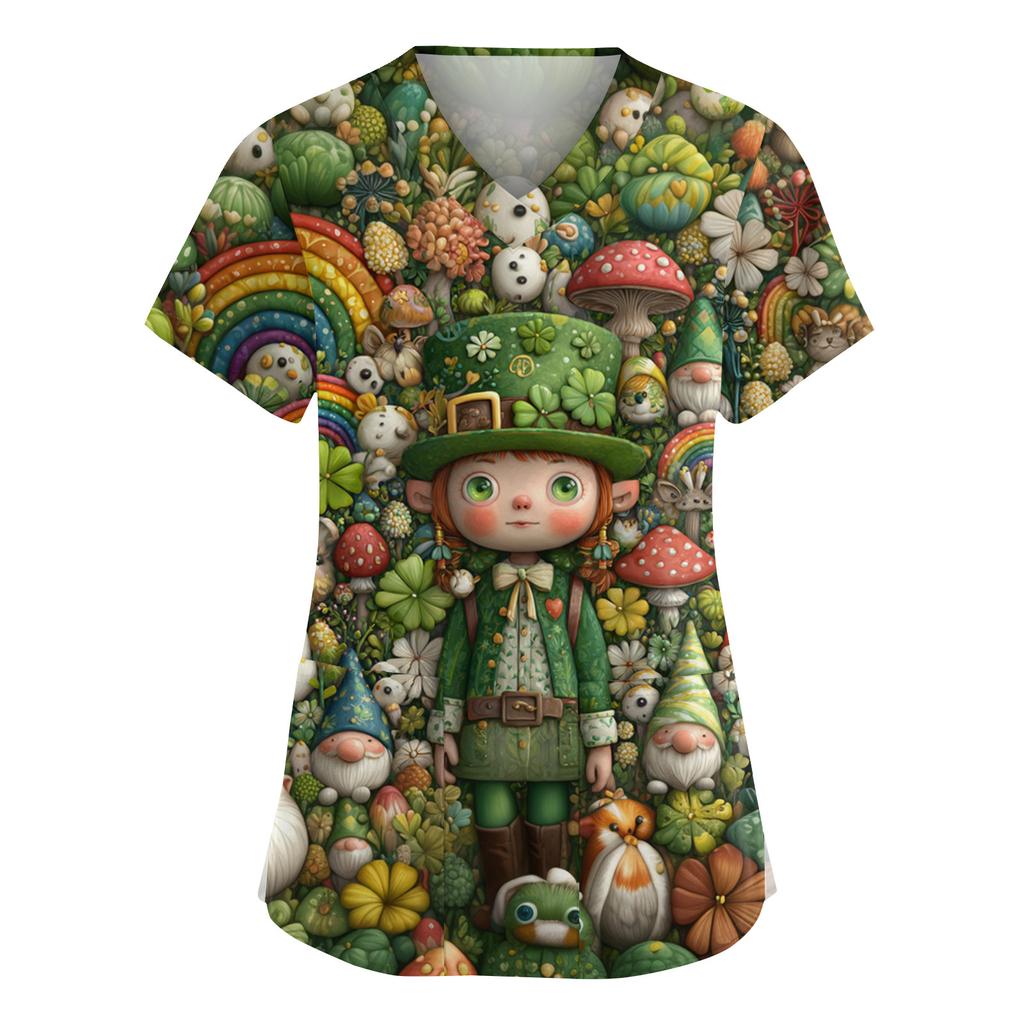 Women's Fashion V-Neck Short Sleeve Overalls With Pockets  Print Tops  Clothes