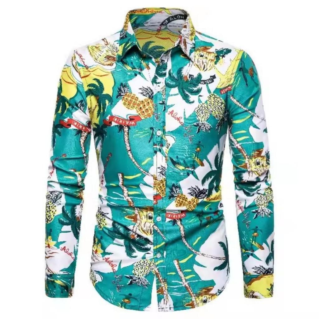 Camicia a Maniche Lunghe con Stampa Tropicale Hawaiana, Perfetta per l'Estate Casual