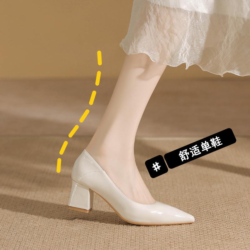 Nude High Heels Spring and Summer New Temperament Pointed Head Light Mouth Commuter Work Shoes Fashion Thick Heel Single Shoes Women