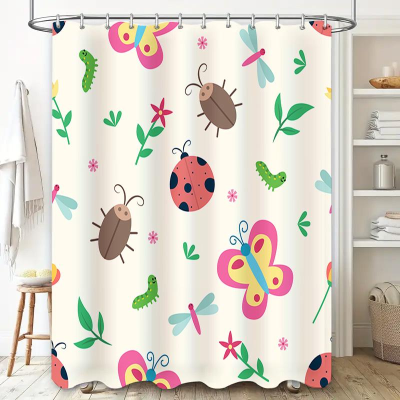 Adorable Butterfly Ladybug Insect Waterproof Shower Curtain for Bathroom Decor