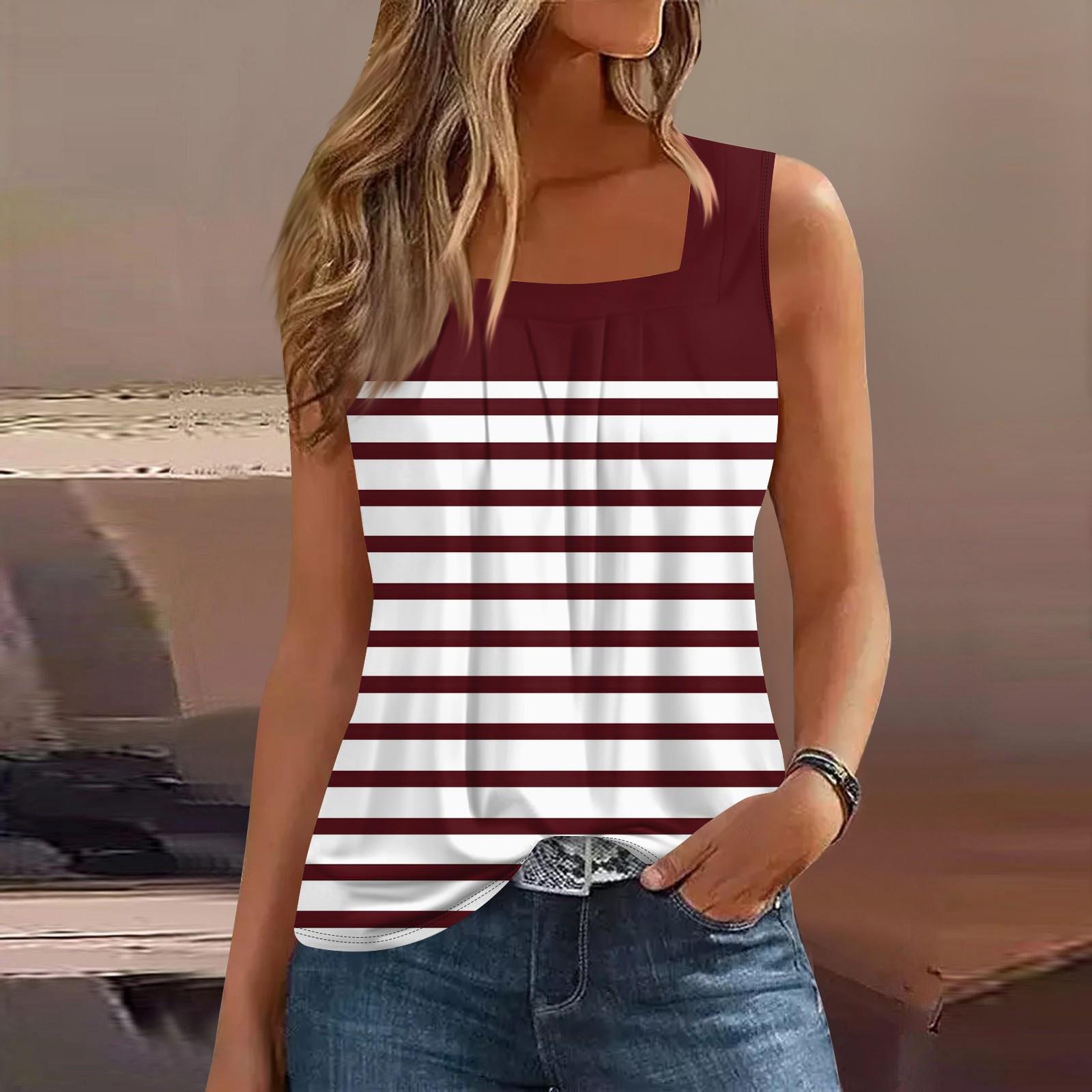 

Женские летние повседневные плиссированные топы без рукавов с квадратным вырезом и принтом M винный