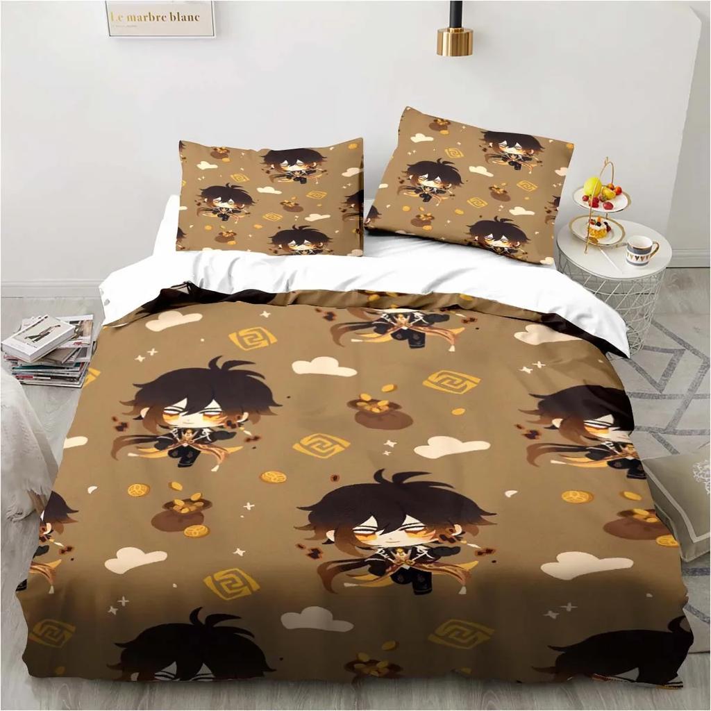 Kreslený Anime Genshin Impact Herný posteľný set do spálne Prikrývky na posteľnú bielizeň Pohodlná obliečka na paplón Prikrývka a obliečka na vankúš