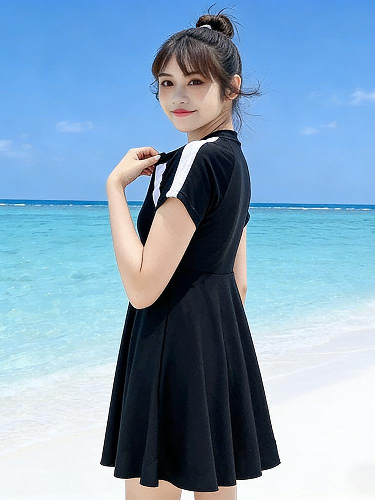 Plus Size 200 Jin Slimming Swimsuit: One-Piece Dress Style for Women, Belly & Bust Coverage, Conservative Design.