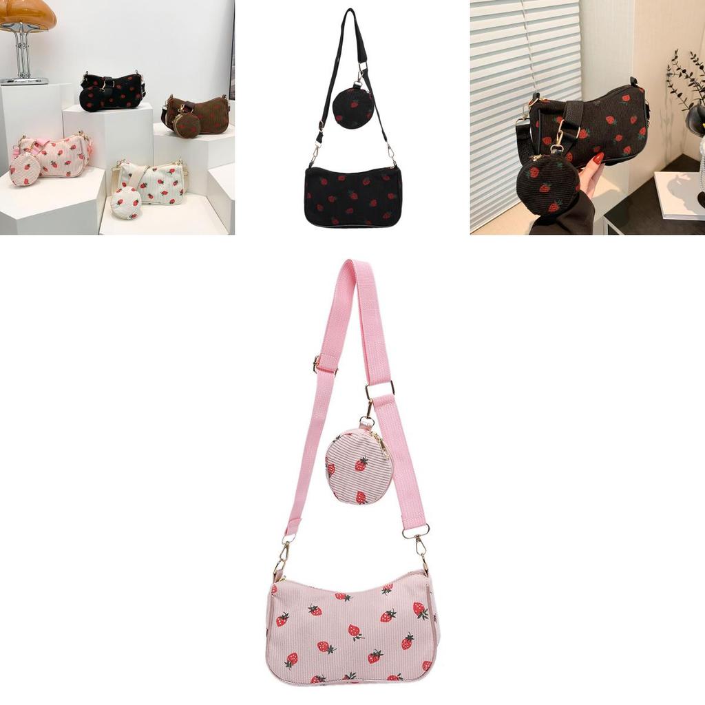 Strawberry Print Fashion Girl Pillow Bag With Corduroy Material For Daily Casual Use