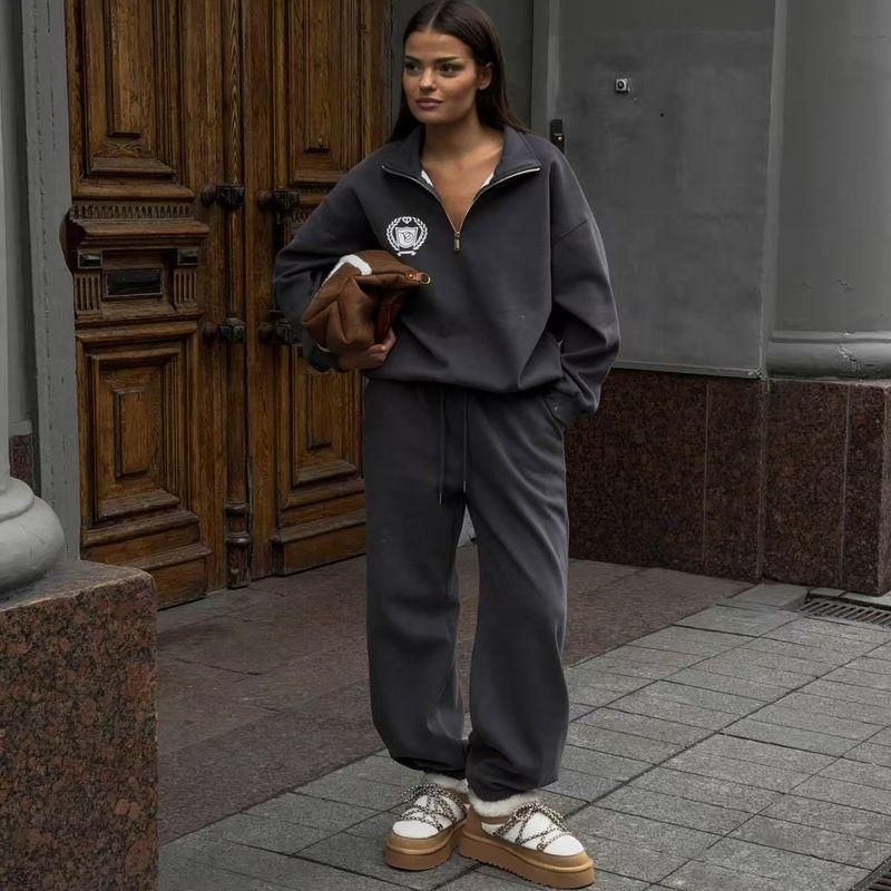 Western Style New Half Zipper Print Hoodie Pants Two-Piece Set Half Zip Top and Pants Set