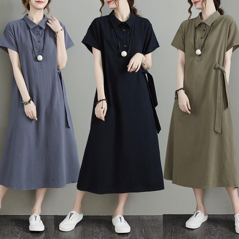 

Women s Casual Japanese Cotton Linen Solid Turn-Down Collar Loose Short Sleeve Pocket Dress S зелений