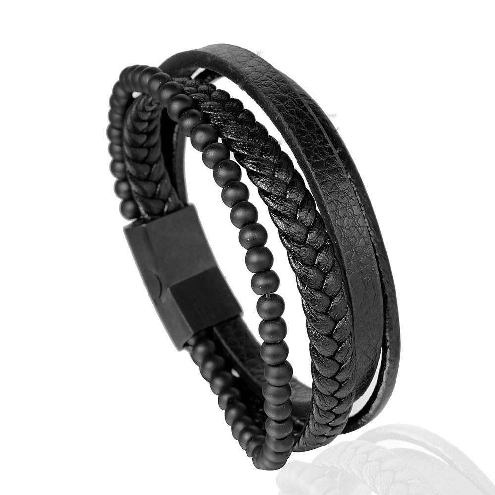 New multi-layer men s leather rope bracelet, titanium steel leather rope bracelet, stainless steel magnet buckle simple bracelet