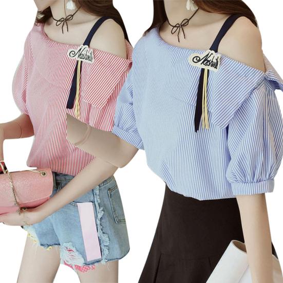 Damen Streifen Halber Ärmel Ein Schulter Lockerer Unterzieh-Tunika-Top Bluse Hemd